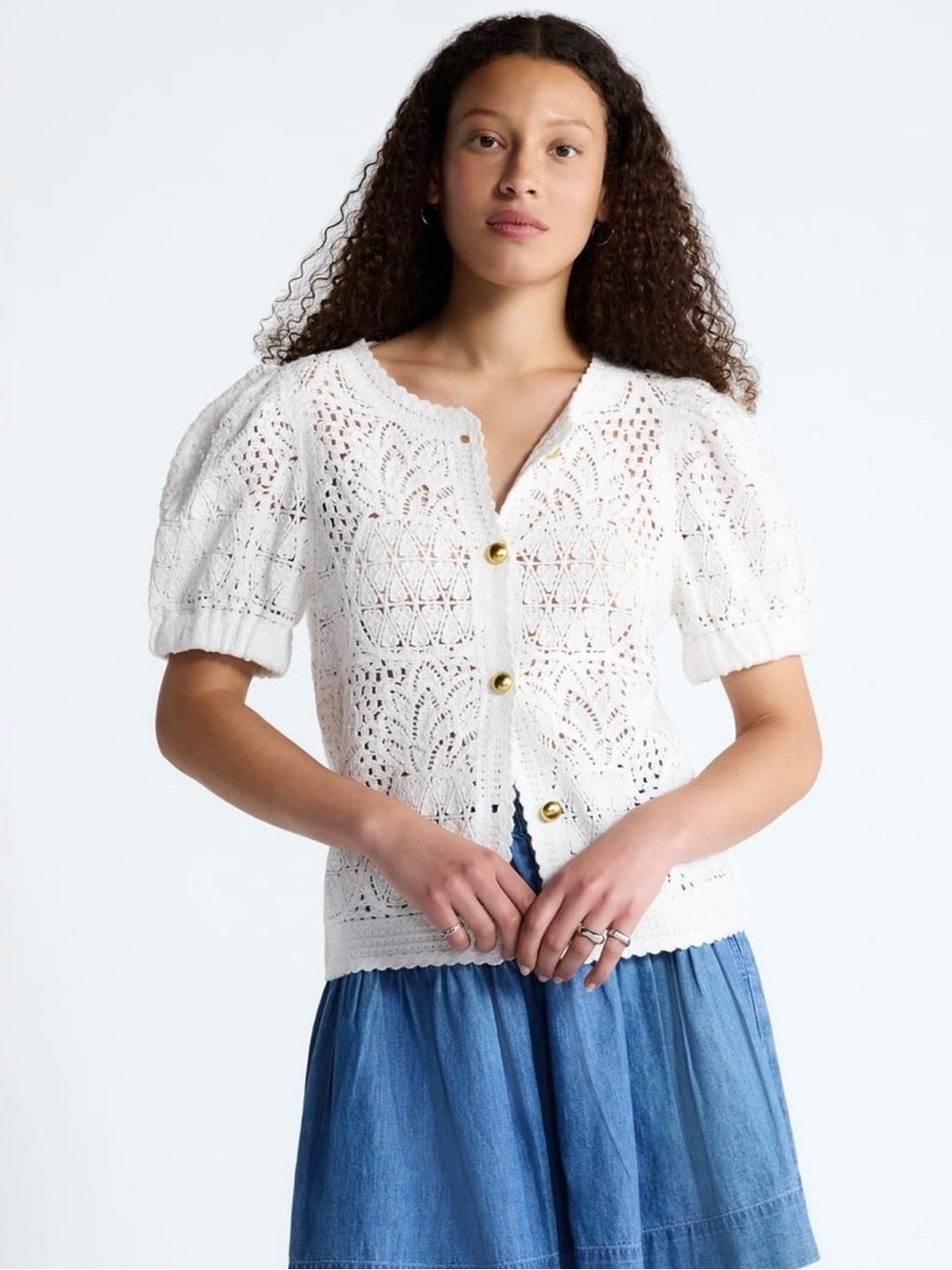 Free Assembly Delicate White Crochet Puff-Sleeve Cardigan100% cotton size S